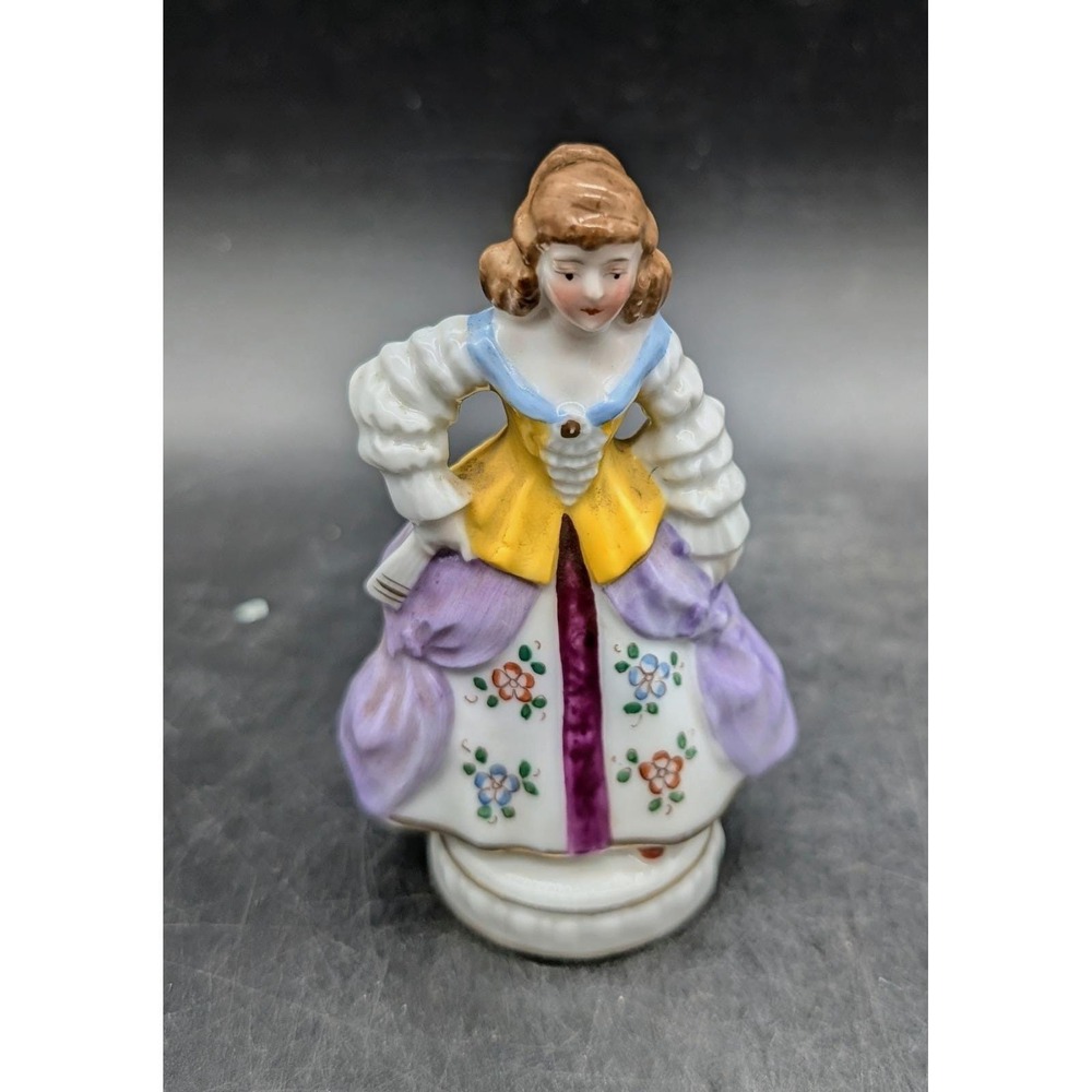Antique German Porcelain Lady Figurine Yellow Purple Floral Dress Blue 4"